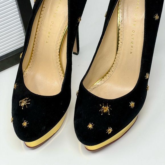 Our vintage Charlotte Olympia Dolly Spider-Studded Suede Platform Pumps. - Picture 5 of 11